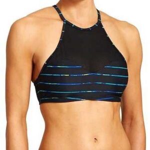 Athleta High Neck Mesh Strappy Sports Bra Black Blue Green Stripes Size S